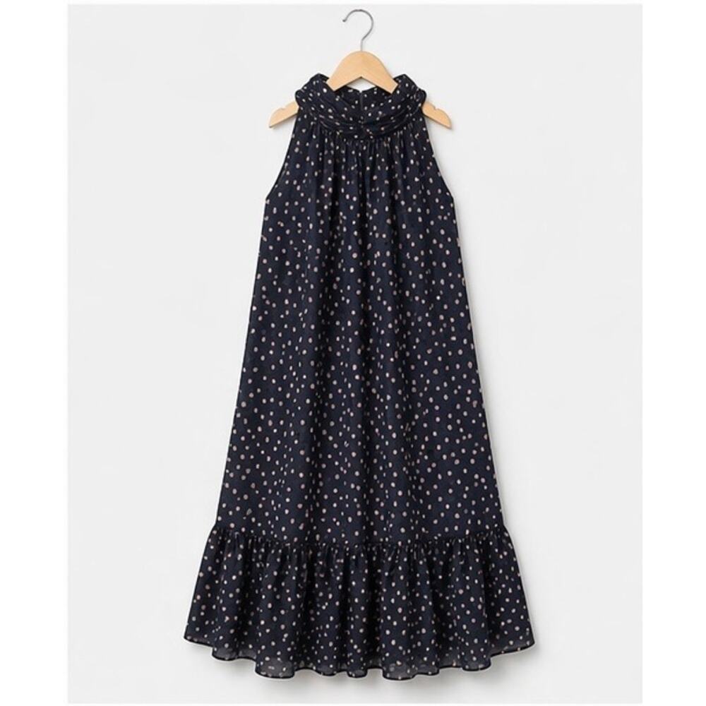Just Taylor Polka Dot Halter Dress Navy Pink Ruffle Hem Size 8 Chic